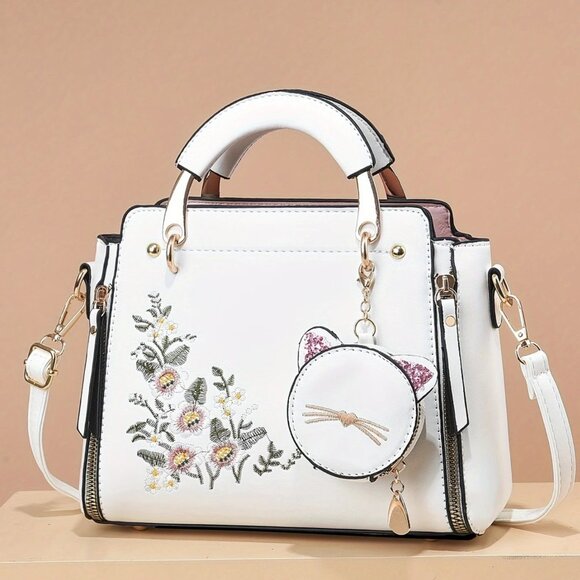 Embroidered Satchel w/ Crossbody Strap & Cat Coin Purse - White Faux Leather - Picture 1 of 12